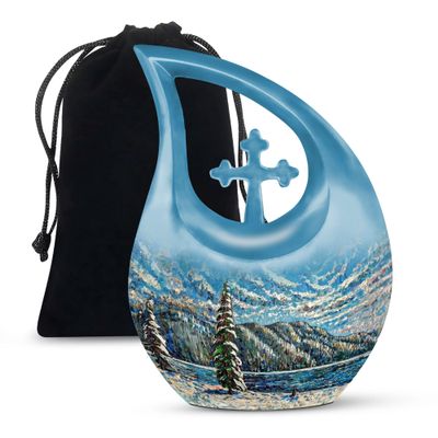 JAGLASH Mountains Ashes Urns Human Remains Adult Women & Men - Blue Memorial Funeral Urns for Adult Ashes Dad & Mom - 10 Inch Large Burial Human Urn
