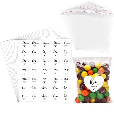 AIOMOB 100 Set Heart Shape His Her Our Favorite Stickers Candy Bags Wedding Favor Stickers 4x6 Inches Self Sealing Cellophane Bags for Wedding Favor Labels Guest Welcome Bag Stuffers Bulk