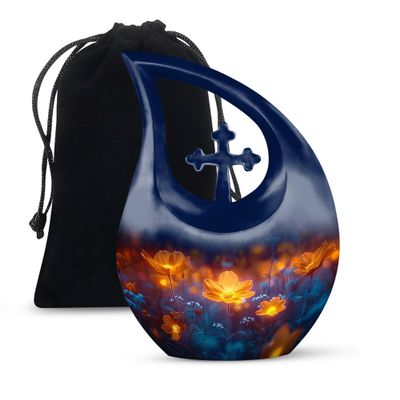JAGLASH Flowers Funeral Urns for Human Ashes Adult Female - Large Blue Memorial Urns for Adult Male - Yellow Flower Cremation Urn - Burial Urn for Ashes for Women - 10 Inch (Cross Drop)