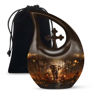 JAGLASH Elephant Cremation Urns for Human Ashes Adult Female - Large Wilderness Funeral Urns for Adult Male - Brown Cross Drop Decorative Burial Urn - Memorial Urn for Ashes for Women - 10 Inch