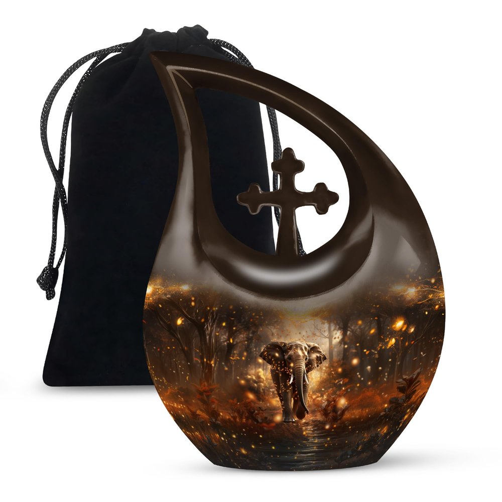 JAGLASH Elephant Cremation Urns for Human Ashes Adult Female - Large Wilderness Funeral Urns for Adult Male - Brown Cross Drop Decorative Burial Urn - Memorial Urn for Ashes for Women - 10 Inch