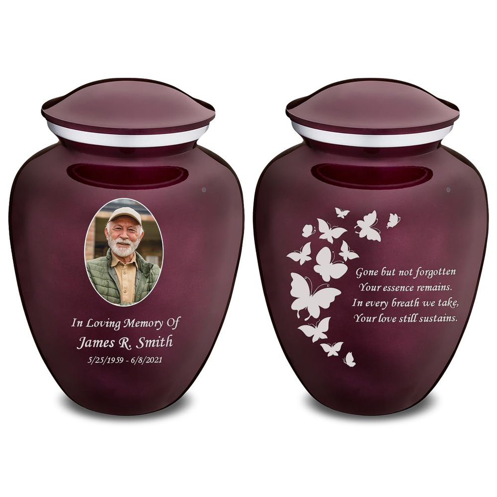 Geturns Embrace Adult Personalized Butterfly Cremation Urns for Human Ashes I Large Picture Cherry Purple Funeral Urn for Adult Men and Women with Double Side Engraving I 200 lbs