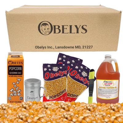 All-in-One Popcorn Party Kit - Includes 4 x Obelys 2lb Gourmet Kernels, 1 Premium Salt Cartons, 1 Gallon Popping Oil, 1 Stainless Steel Shaker & 1 Measuring Spoon for Movie Nights & Celebrations