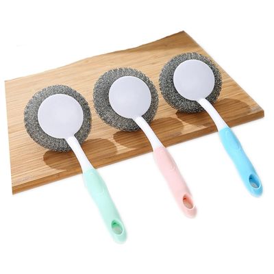 DEARMAMY Long Handle Steel Ball Brush Dish Scrubber for Cleaning Pots Dishes Glasses Bowls Pans Non-Slip Grip Blue Dishwashing Brush Random Style