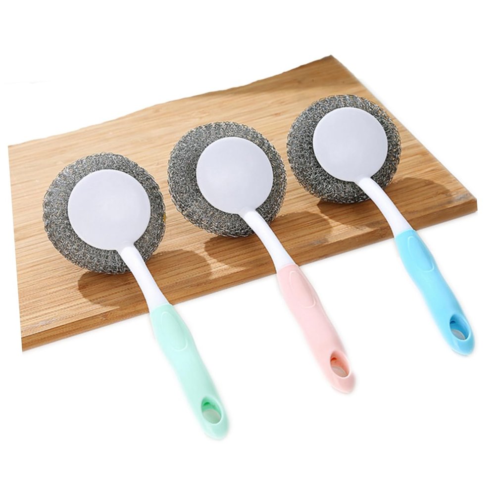 DEARMAMY Long Handle Steel Ball Brush Dish Scrubber for Cleaning Pots Dishes Glasses Bowls Pans Non-Slip Grip Blue Dishwashing Brush Random Style