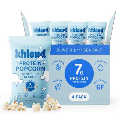 Khloud Protein Popcorn - Olive Oil & Sea Salt - 7g Protein Snacks for Adults & Kids - Flavored Popcorn Made with Real Ingredients & Milk Protein Isolate - Non-GMO, Gluten-Free, Kosher - 4oz, 4pk