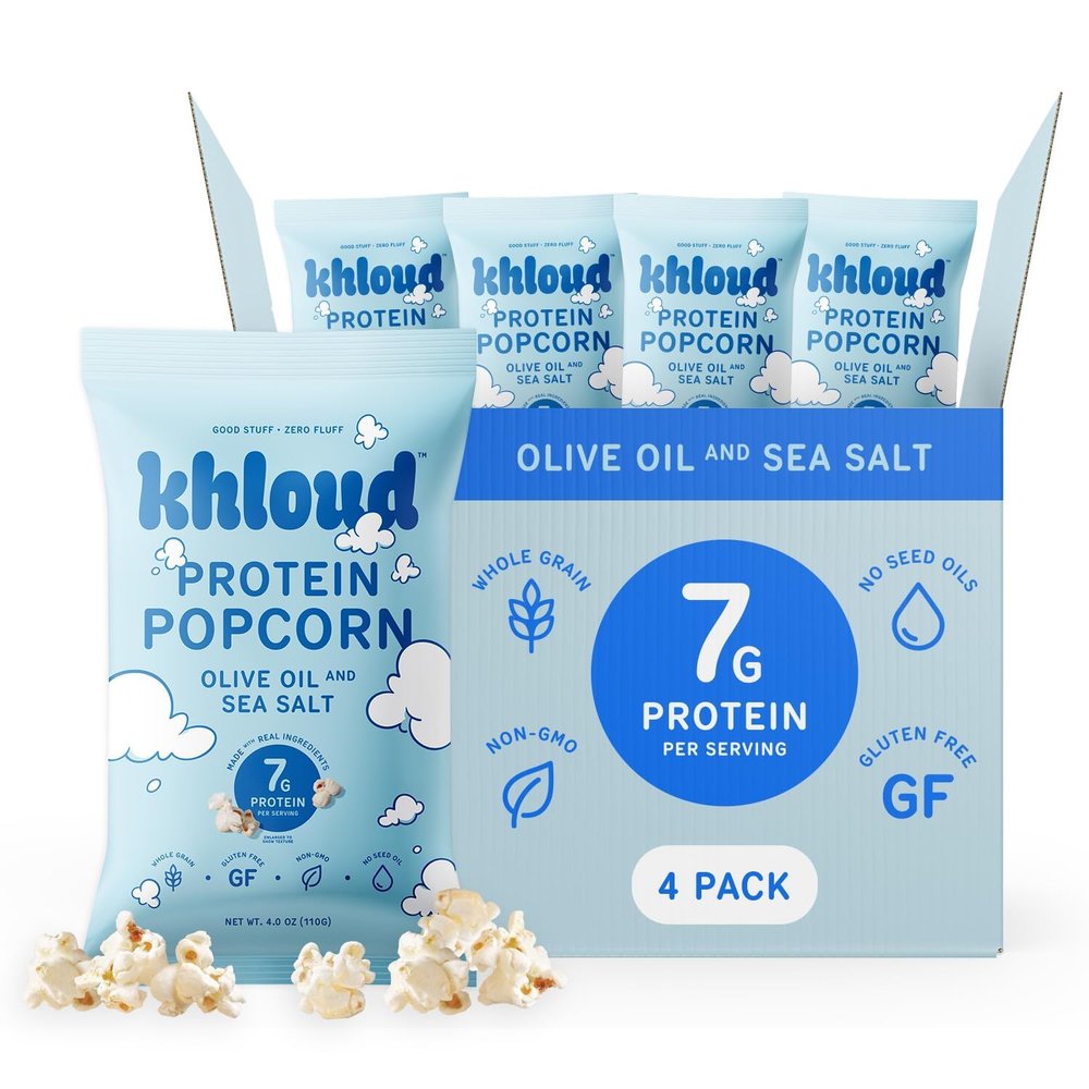 Khloud Protein Popcorn - Olive Oil & Sea Salt - 7g Protein Snacks for Adults & Kids - Flavored Popcorn Made with Real Ingredients & Milk Protein Isolate - Non-GMO, Gluten-Free, Kosher - 4oz, 4pk