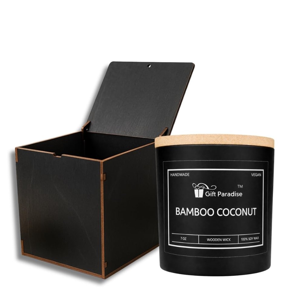 Gift Paradise Bamboo & Coconut Premium Scented Candle 7oz All-Season Soy Wax Candle with Wooden Wick Non-Toxic, Vegan, Clean Burn Glass Jar Wooden Gift Box Included