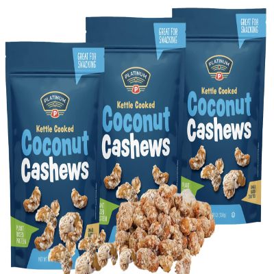 Kettle Cooked Coconut Cashews, Plant Based Protein Snack, High Fiber, 3 oz Pouch (Pack of 3)