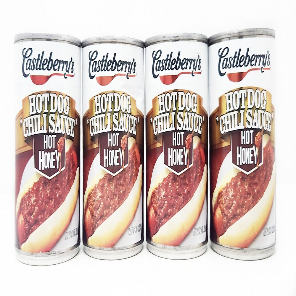 4 pack of Hot Dog Chili Sauce Castleberrys 10oz Cans (Hot Honey)