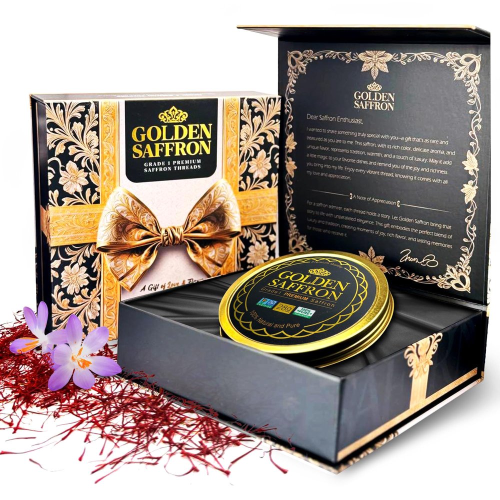 Golden Saffron Luxtury Gift Box, Premium All Red Saffron Threads, Grade A+ Super Negin, Perfect For Any Occasions Non-GMO Verified for Tea, Paella, Rice, Desserts, and Risotto (28.0 Grams Gift Box)