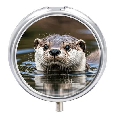 Cute Otter Pill Box 3 Compartment Small Pill Case with Mirror for Purse & Pocket Travel Medicine Organizer Daily Medication Container Portable Pillbox Metal Medicine Box Round Meds Case