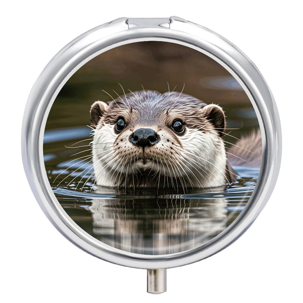 Cute Otter Pill Box 3 Compartment Small Pill Case with Mirror for Purse & Pocket Travel Medicine Organizer Daily Medication Container Portable Pillbox Metal Medicine Box Round Meds Case