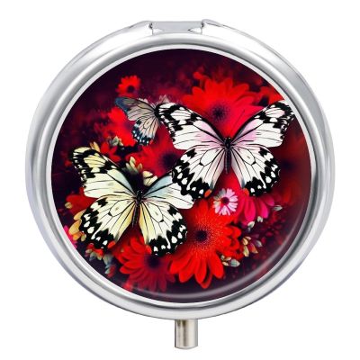 Colorful Flowers Butterflies Pill Box Case 3 Compartment Travel Medicine Pill Organizer 3x A Day Portable Vitamin Organizer with Mirror Small Pillbox for Purse & Pocket Cute Daily Medicine Container M