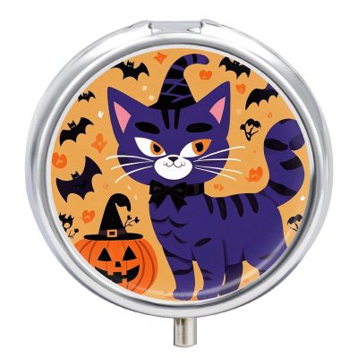 Halloween Cat Pill Box Case 3 Compartment Travel Medicine Pill Organizer 3x A Day Portable Vitamin Organizer with Mirror Small Pillbox for Purse & Pocket Cute Daily Medicine Container Metal Vitamin Ca