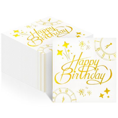 100 PCS Happy Birthday Paper Napkins, 2 Ply Gold Foil Birthday Cocktail Napkins, 1313 Inch Birthday Countdown Dinner Hand Towels Decorative Napkin for Birthday Party Table Decorations Supplies