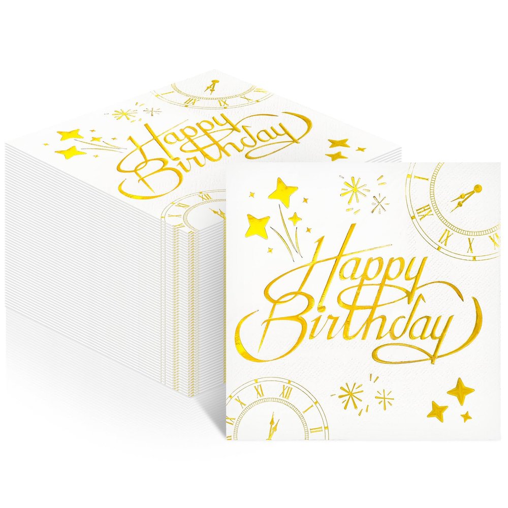 100 PCS Happy Birthday Paper Napkins, 2 Ply Gold Foil Birthday Cocktail Napkins, 1313 Inch Birthday Countdown Dinner Hand Towels Decorative Napkin for Birthday Party Table Decorations Supplies