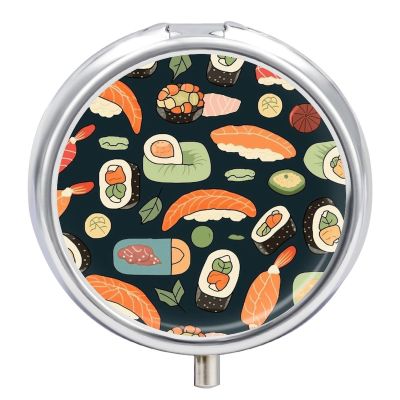 Sushi Food Pattern Pill Organizer 3 Compartment Travel Pillbox with Mirror Daily Medicine Pill Case Metal Pill Box for Purse & Pocket Portable Small Medicine Box Round Vitamin Case Container