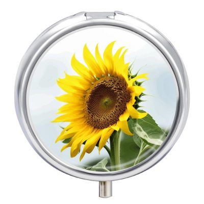 Bloom Sunflower Pill Organizer 3 Compartment Travel Pillbox with Mirror Daily Medicine Pill Case Metal Pill Box for Purse & Pocket Portable Small Medicine Box Round Vitamin Case Container