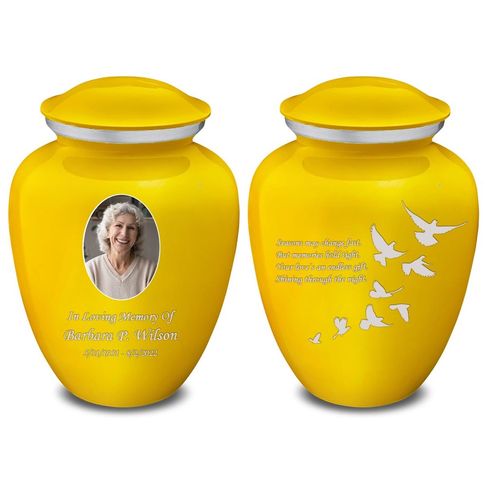 Geturns Embrace Adult Personalized Doves Cremation Urns for Human Ashes I Large Picture Yellow Funeral Urn for Adult Men and Women with Double Side Engraving I 200 lbs