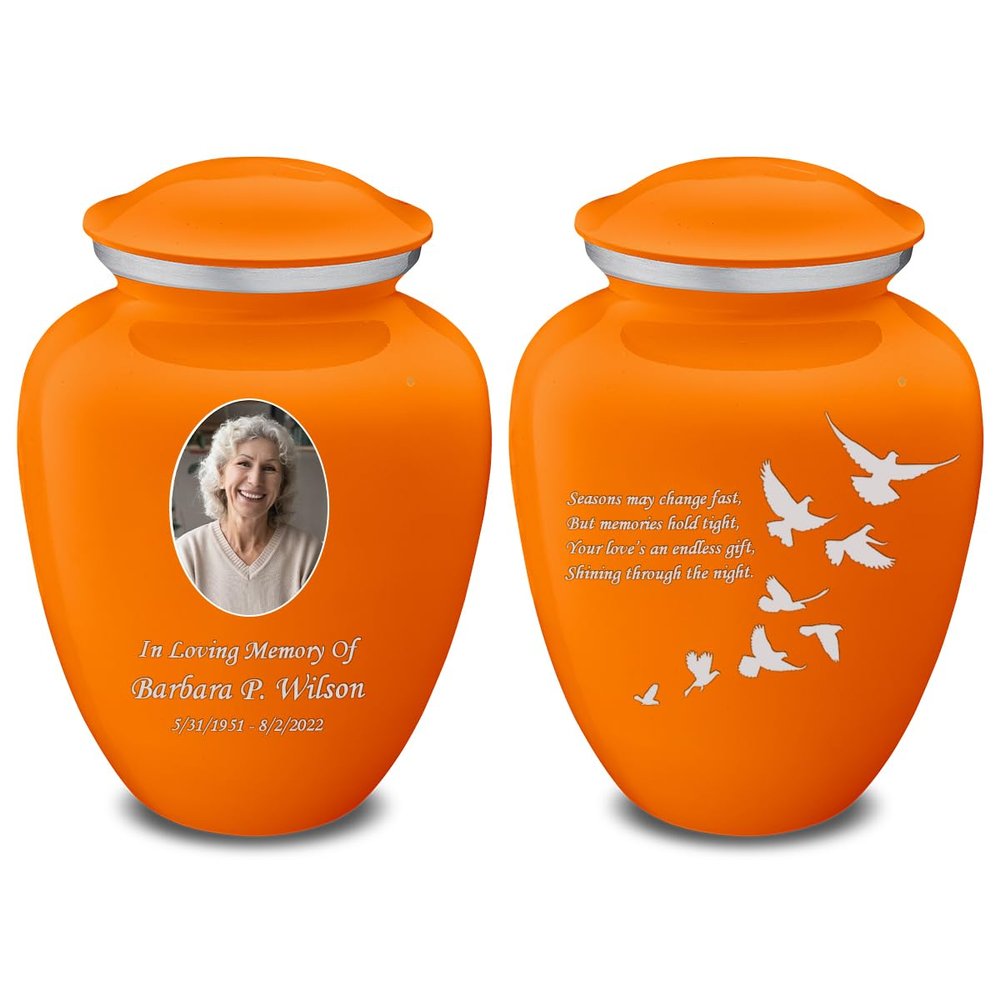 Geturns Embrace Adult Personalized Doves Cremation Urns for Human Ashes I Large Picture Burnt Orange Funeral Urn for Adult Men and Women with Double Side Engraving I 200 lbs