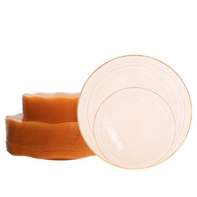 100PCS Plastic Plates-Crystal Design Orange Wave Disposable Plates with Gold Rim, Fancy Disposable Plates Include 50 Dinner Plates, 50 Dessert/Salad Plates for Party & Thanksgiving
