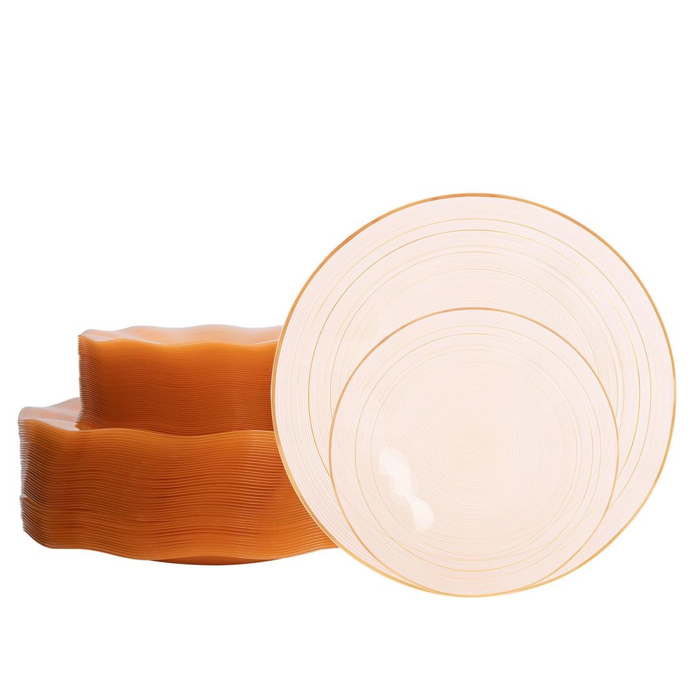 100PCS Plastic Plates-Crystal Design Orange Wave Disposable Plates with Gold Rim, Fancy Disposable Plates Include 50 Dinner Plates, 50 Dessert/Salad Plates for Party & Thanksgiving