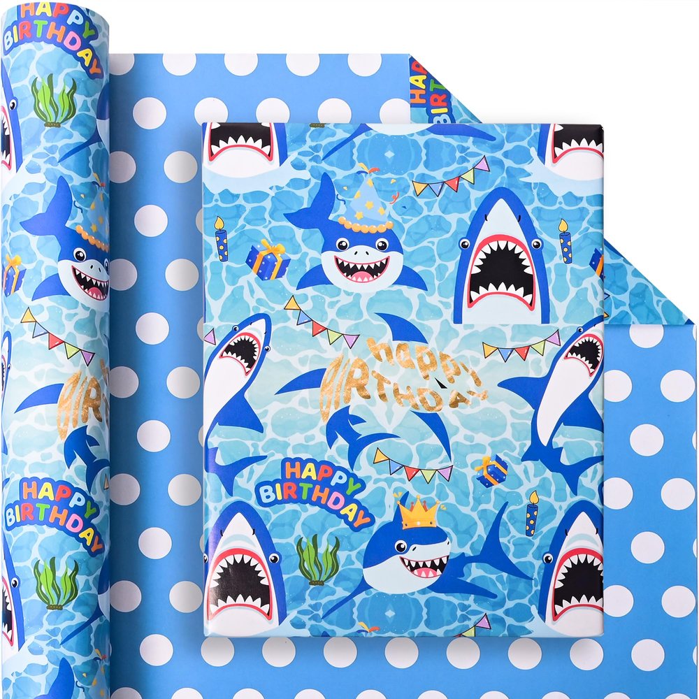 Vnaaem Reversible Shark Wrapping Paper Roll for Boys Kids - Ocean Birthday Gift Wrap & Blue Polka Dot Design for Holiday Baby Shower DIY Craft Party - 17 in x 20 ft(Total 28.5sq.ft)