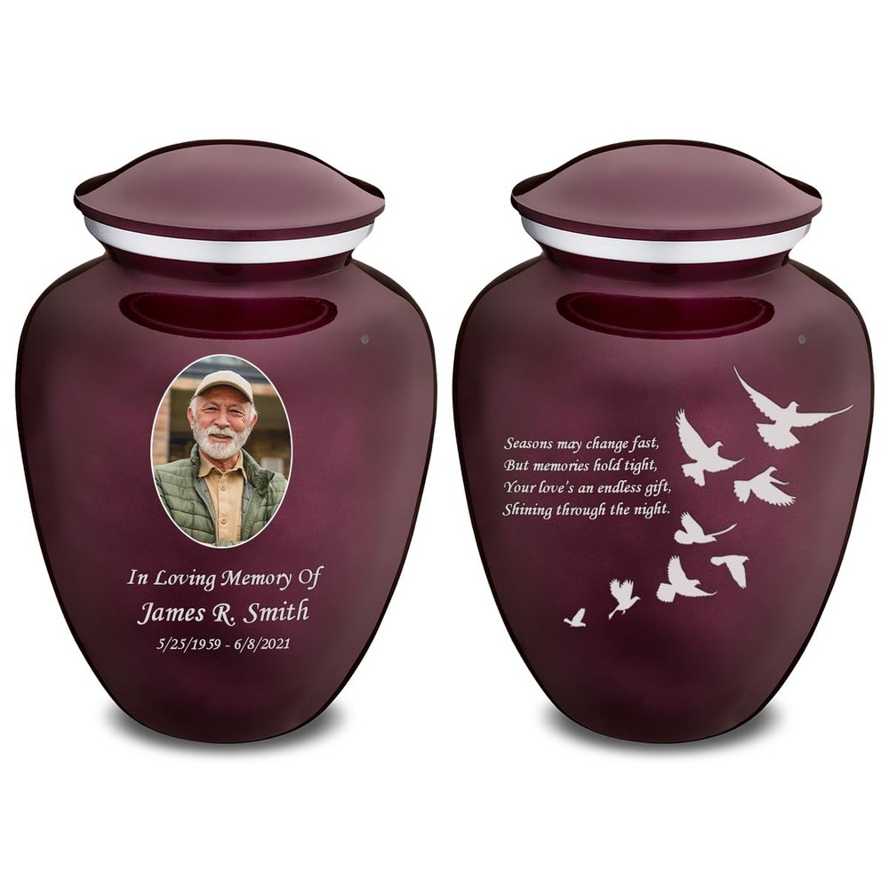 Geturns Embrace Adult Personalized Doves Cremation Urns for Human Ashes I Large Picture Cherry Purple Funeral Urn for Adult Men and Women with Double Side Engraving I 200 lbs