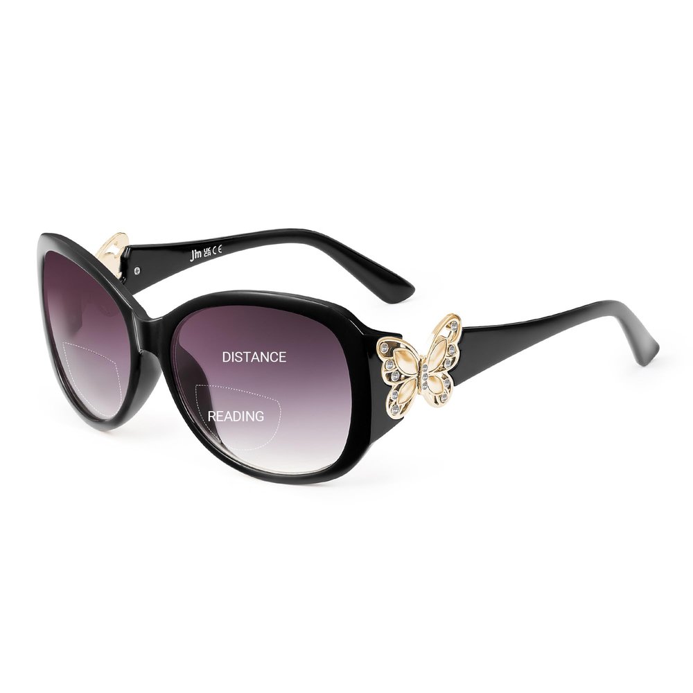 JM Bifocal Reading Sunglasses for Women Fashion Oversized Square Sun Readers Outdoor Reading Glasses UV400 Protection, Black +2.5