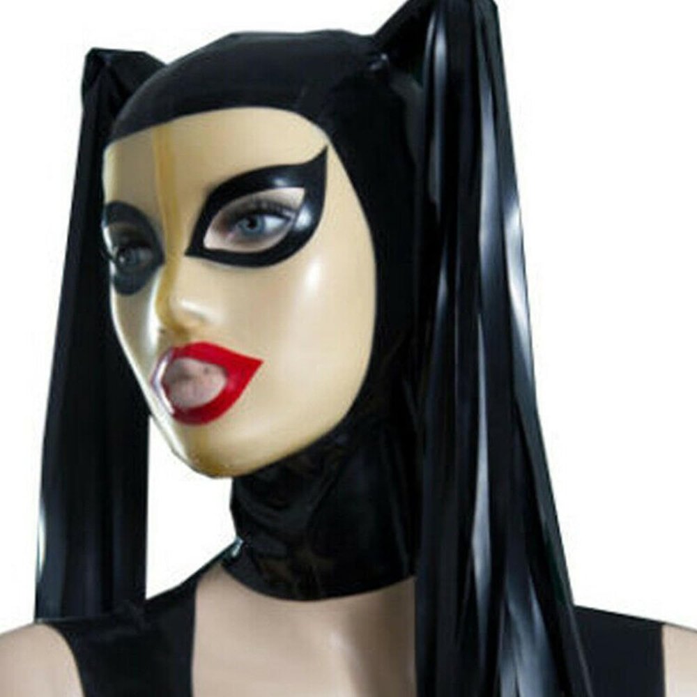 WJPTDKJ Handmade Adult Latex Hood Face Mask with Back Zipper for Halloween Party Club Costume Dance with Ponytail(Size:L-68CM)