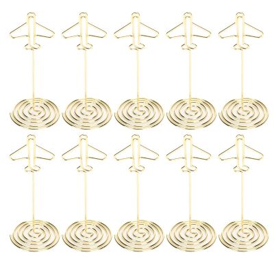 10 PCS Place Card Holder, Golden Metal Airplane Multipurpose Photo Card Holder Memo Note Cards Stand Message Clip with Base for Wedding Birthday Party
