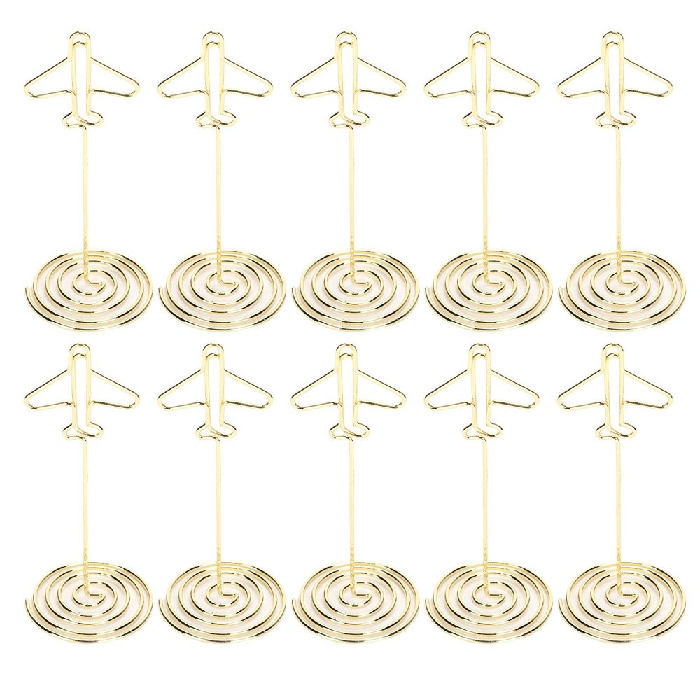 10 PCS Place Card Holder, Golden Metal Airplane Multipurpose Photo Card Holder Memo Note Cards Stand Message Clip with Base for Wedding Birthday Party