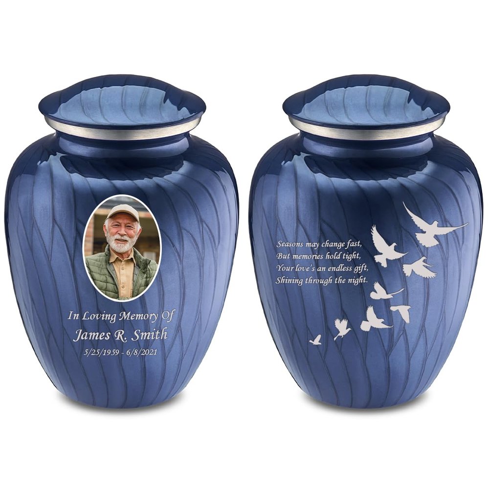 Geturns Embrace Adult Personalized Doves Cremation Urns for Human Ashes I Large Picture Pearl Cobalt Blue Funeral Urn for Adult Men and Women with Double Side Engraving I 200 lbs