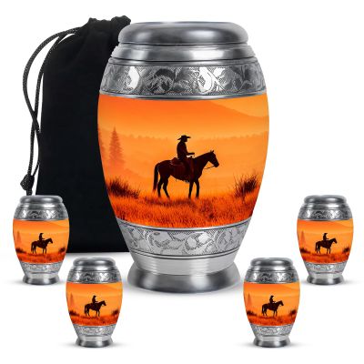KARYLIZ Cowboy Mini Urns for Human Ashes, Cremation Funeral Urn for Human Ashes, Keepsake Memorial Gift, Beautiful Handcrafted Small Urns for Ash, Combo (10 Inch & 3 Inch Mini Set of 4)