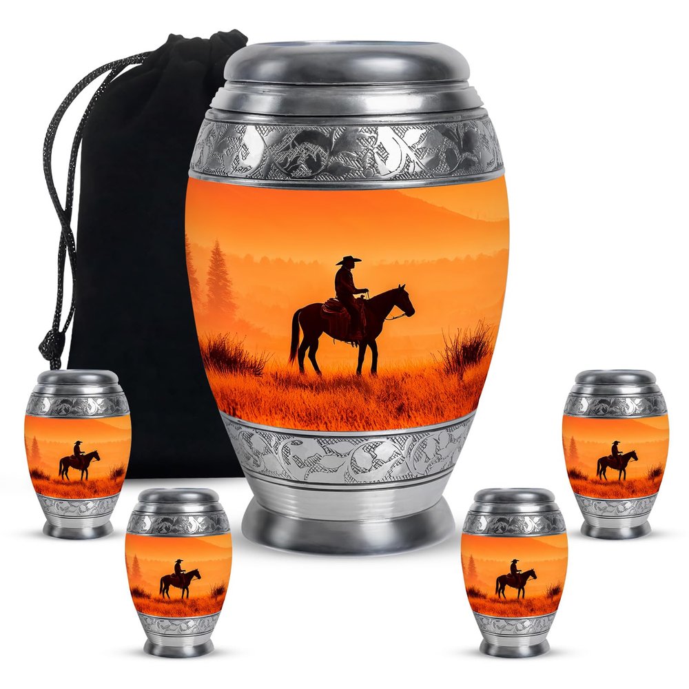 KARYLIZ Cowboy Mini Urns for Human Ashes, Cremation Funeral Urn for Human Ashes, Keepsake Memorial Gift, Beautiful Handcrafted Small Urns for Ash, Combo (10 Inch & 3 Inch Mini Set of 4)