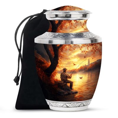 KARYLIZ Fishing Funeral Urns for Adult Ashes Men, Memorial Urns for Human Ashes, Large Cremation Urn for Ash, Adult Funeral Urn Handcrafted, Decorative Gift(10 Inch)