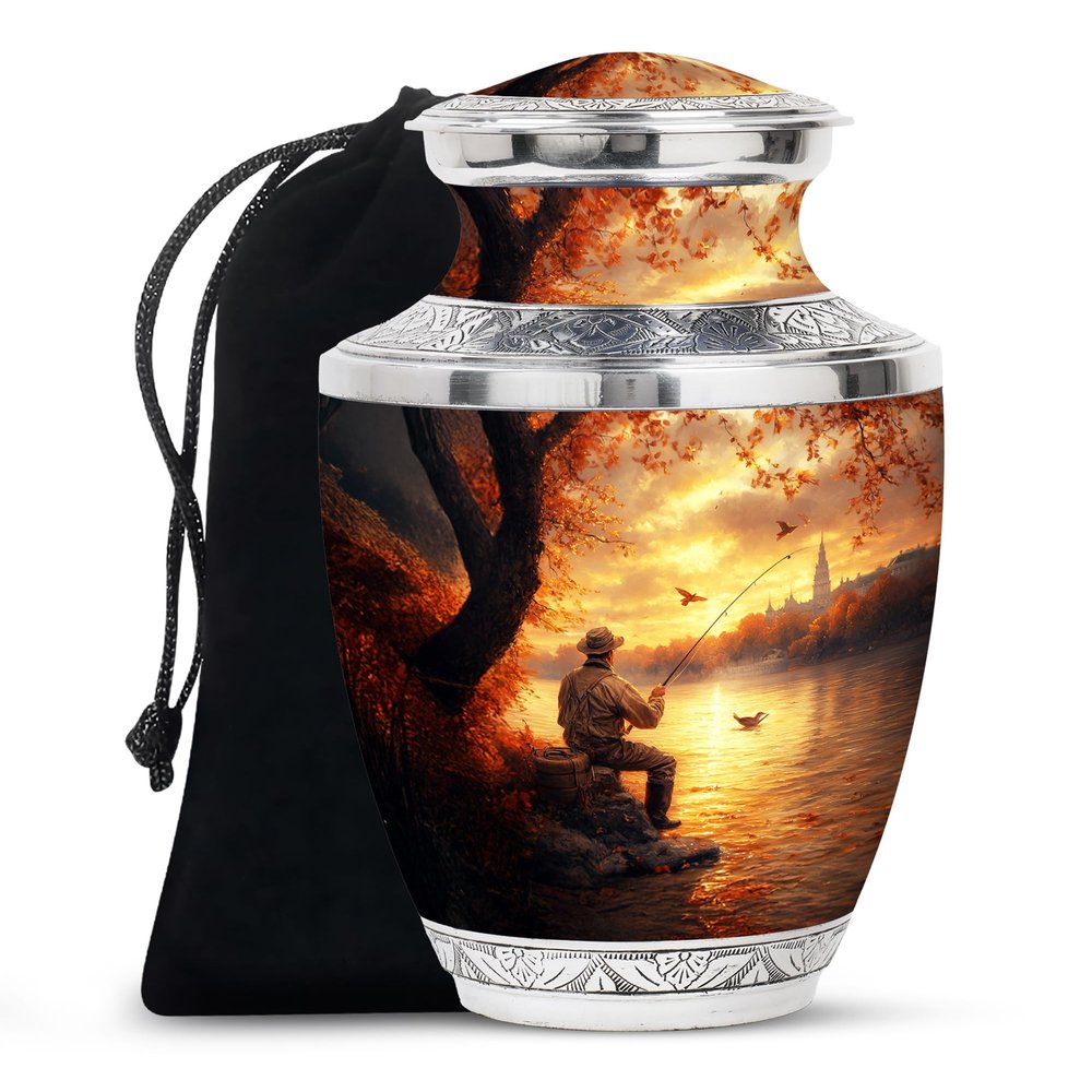 KARYLIZ Fishing Funeral Urns for Adult Ashes Men, Memorial Urns for Human Ashes, Large Cremation Urn for Ash, Adult Funeral Urn Handcrafted, Decorative Gift(10 Inch)