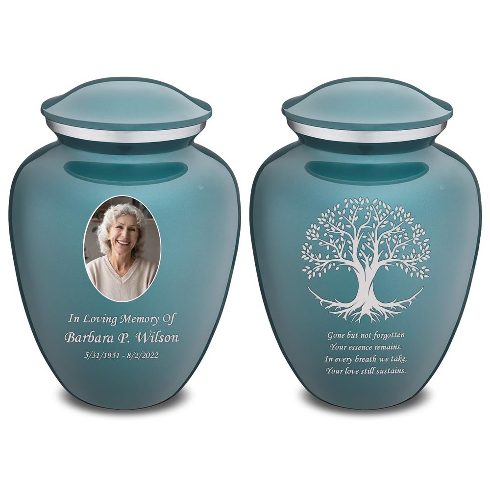 Geturns Embrace Adult Personalized Tree of Life Cremation Urns for Human Ashes I Large Picture Teal Funeral Urn for Adult Men and Women with Double Side Engraving I 200 lbs