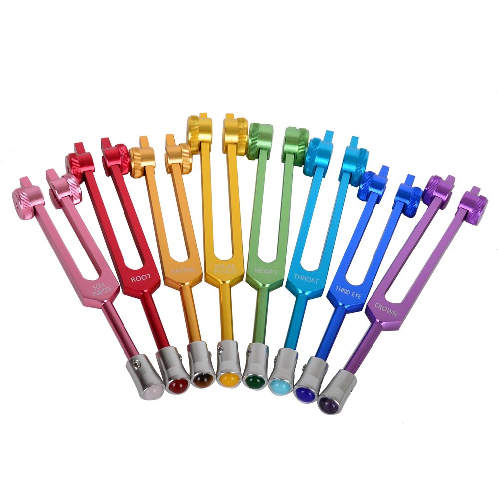 FMTY Weighted Tuning Fork Set for Chakra Healing Aluminum Alloy Tuning Forks Mallet Chakra Bags Crystal Feet | Sound Therapy Meditation Yoga Energy Healing Tools (8 pcs with crystal feet)
