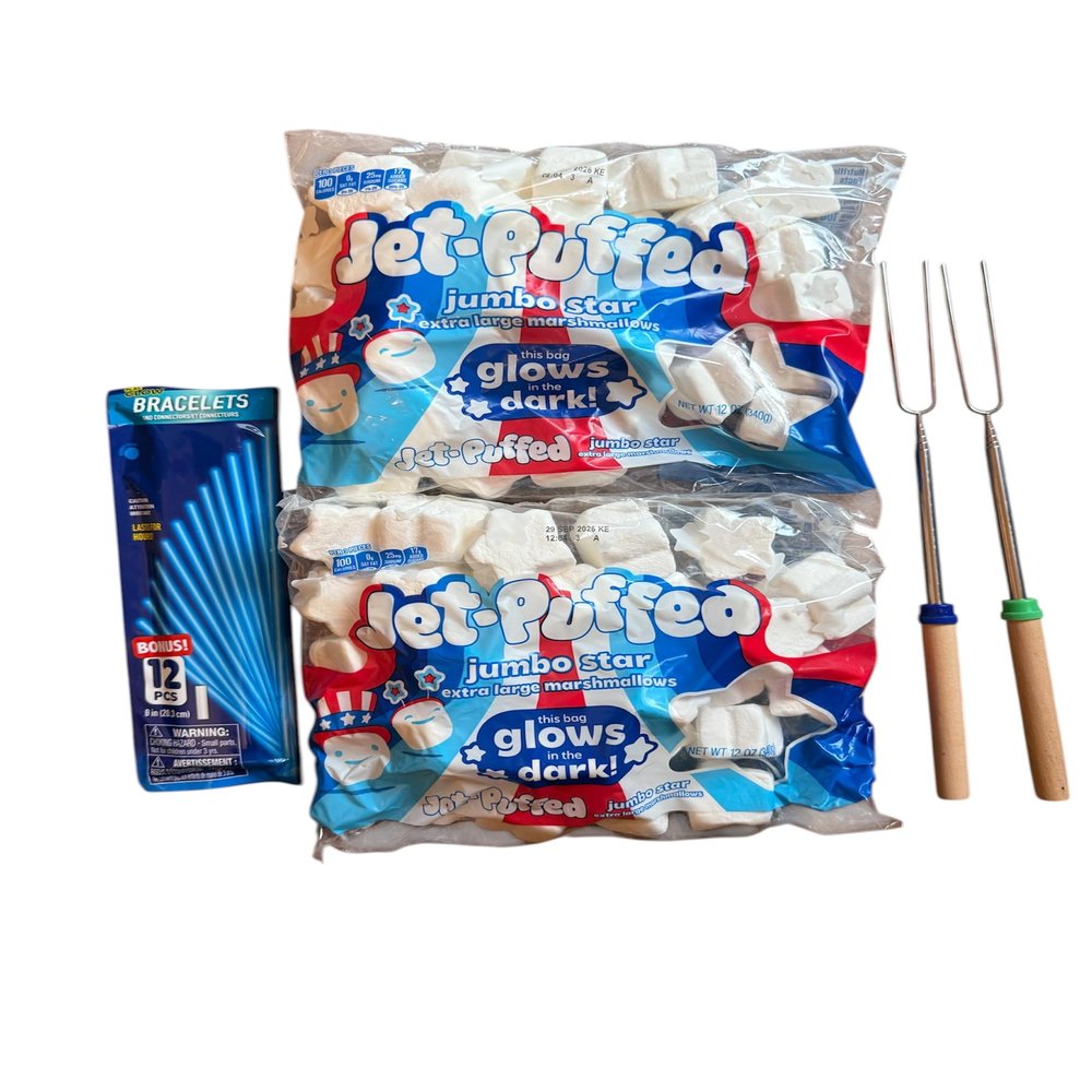 Color changing Bag Jett puffed Jumbo Stars marshmallows (2 bags), glow in the dark braclet or necklace set and roasting stick