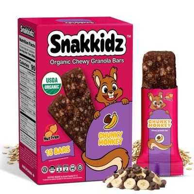 Snakkidz Organic Chewy Granola Bars for Kids, Allergen-Free, Nut-Free, Gluten-Free, Low Sugar Snack Bars Made with Avocado Oil, Individually Wrapped, School Lunch Snacks, Bulk Pack of 15, Chunky Monkey