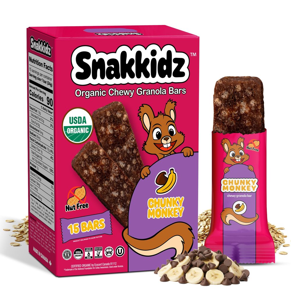 Snakkidz Organic Chewy Granola Bars for Kids, Allergen-Free, Nut-Free, Gluten-Free, Low Sugar Snack Bars Made with Avocado Oil, Individually Wrapped, School Lunch Snacks, Bulk Pack of 15, Chunky Monkey