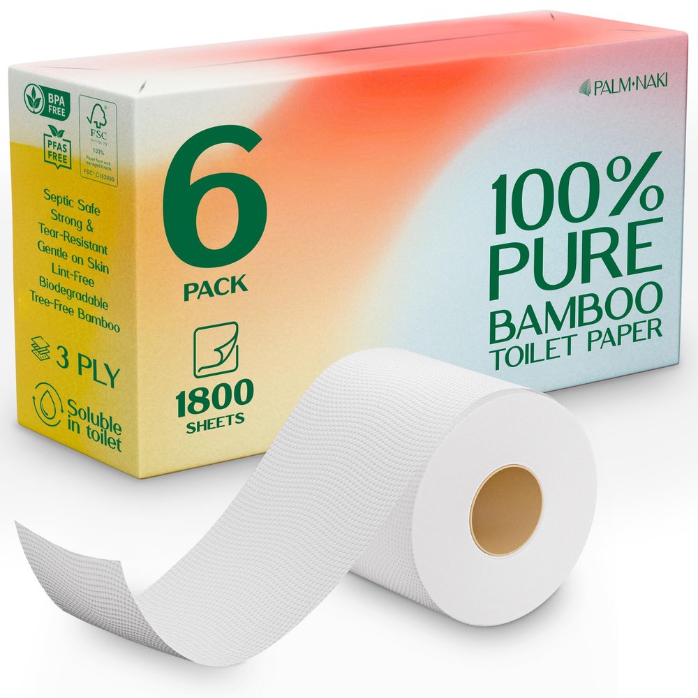 100% Bamboo Toilet Paper | 3-Ply Strong & Absorbent | Tree-Free, FSC Certified, BPA/PFAS-Free | Septic-Safe, Lint-Free | 6 Rolls (1800 Sheets) | PALM NAKI