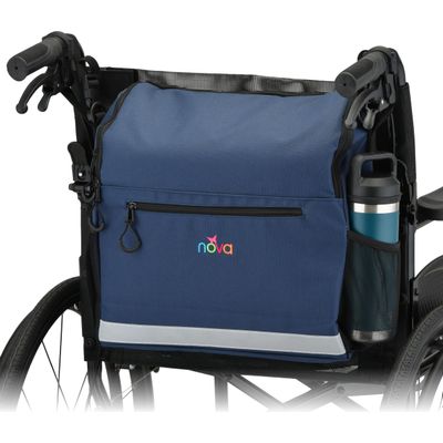 NOVA Deluxe Wheelchair Bag Large Storage Backpack for Manual & Electric Wheelchairs, Hangs Securely on Chair Back, Universal Mobility Organizer - Blue