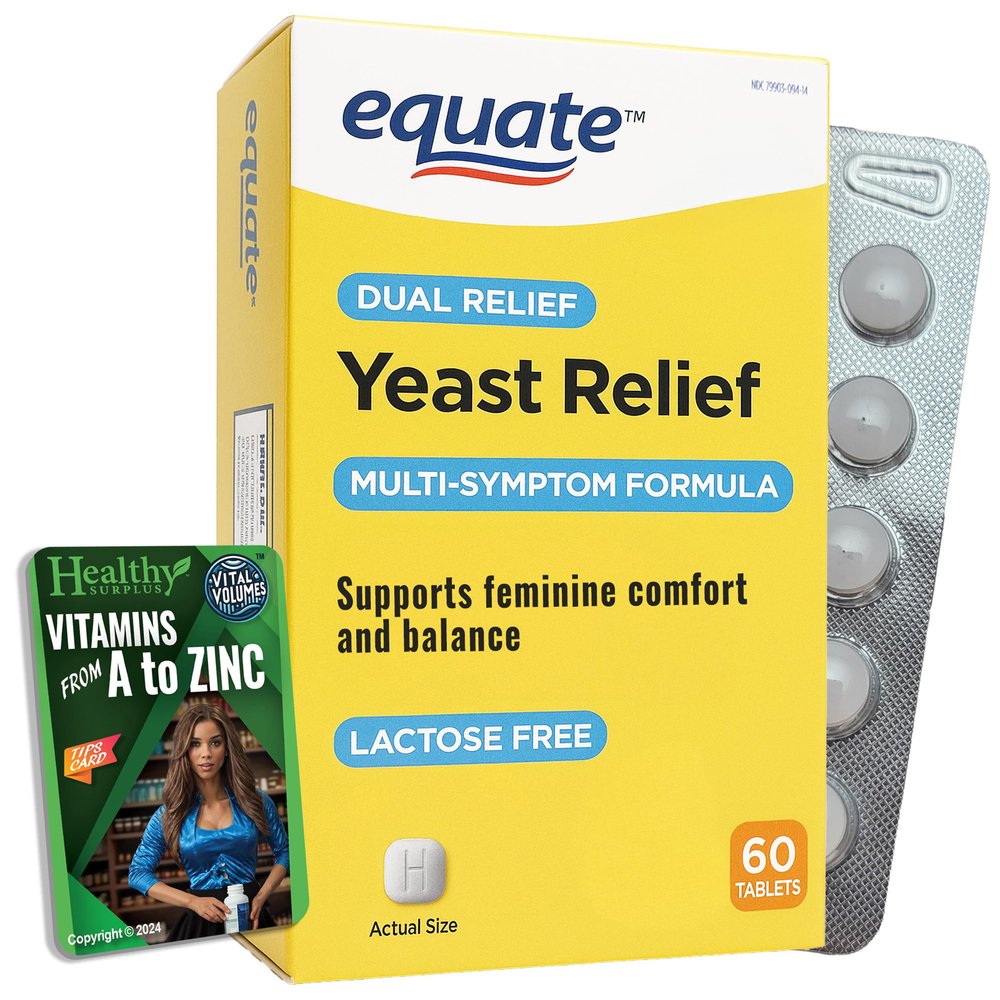 Healthy Surplus Equate Yeast Relief - 60 Tablets (1 Box) and Vital Volumes A-Z Tips Card
