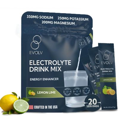 EVOLV Electrolytes Powder Packets Electrolyte Packets with Palatinose, Sodium & Minerals, Instant Hydration Drink for Recovery, Non-GMO Hydration Sticks for On-the-Go Use (Pack of 20) - Lemon Lime