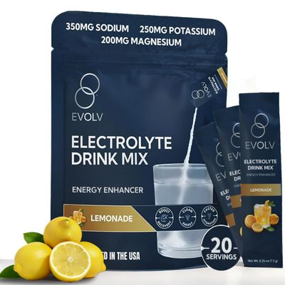 EVOLV Electrolytes Powder Packets Electrolyte Packets with Palatinose, Sodium & Minerals Instant Hydration Drink for Recovery, Non-GMO Hydration Sticks for On-The-Go Use (Pack of 20) - Lemonade