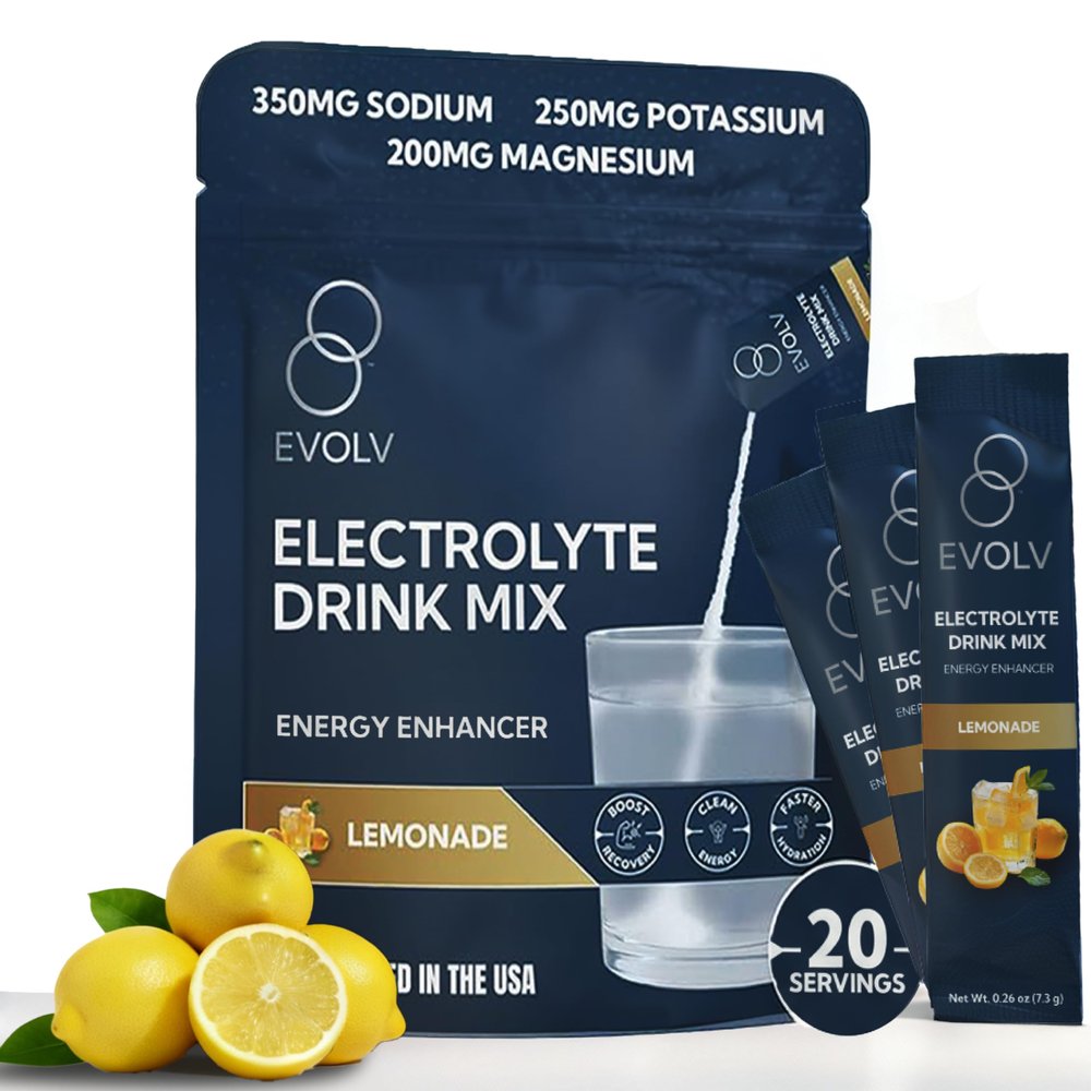 EVOLV Electrolytes Powder Packets Electrolyte Packets with Palatinose, Sodium & Minerals Instant Hydration Drink for Recovery, Non-GMO Hydration Sticks for On-The-Go Use (Pack of 20) - Lemonade
