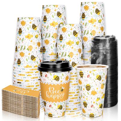 Whaline 50 Pcs Bee Disposable Coffee Cups with Lids and Sleeves 16 Oz Spring Summer Cute Honey Bees Flower Hot Cold Drink Cups for Birthday Baby Shower World Bee Day Party Supplies